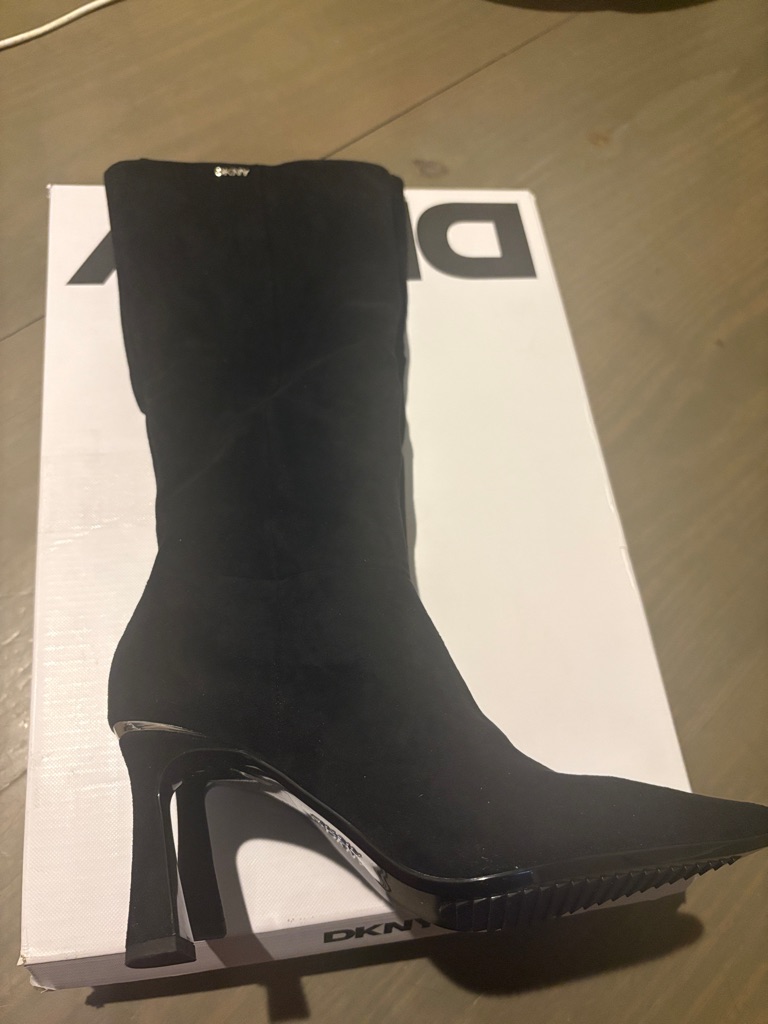 Dkny Black Suede Pointed Toe Mid-Calf Heel Boot